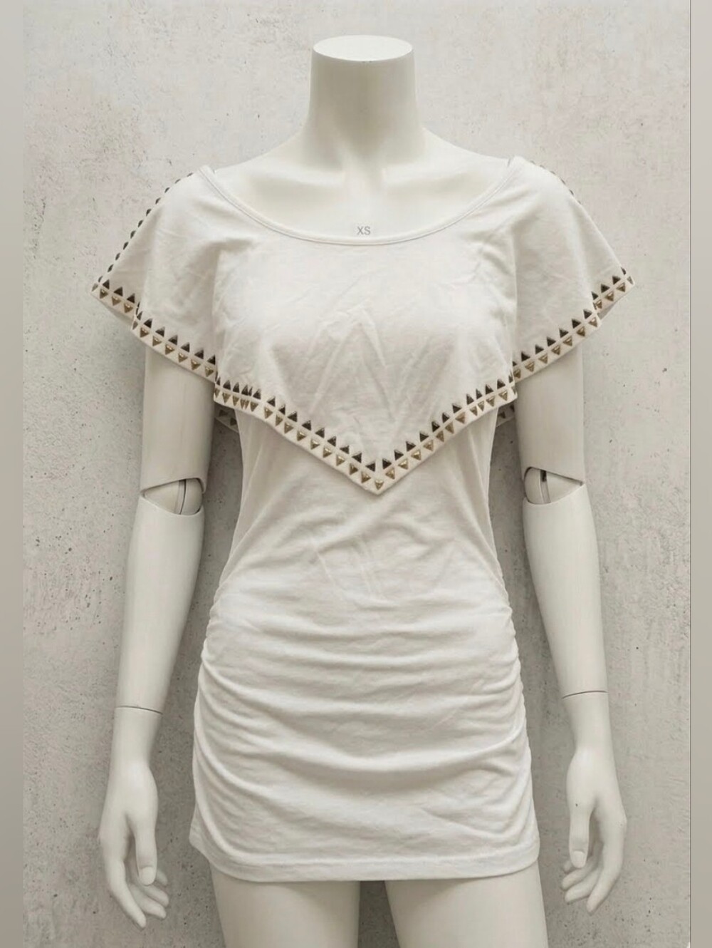 Bebe White Ruched Bodycon Mini Dress/Top Gold Pyramid Studded Ruffle Neck XS